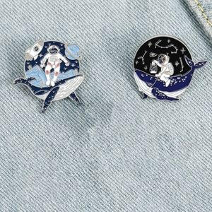 Astronaut and blue whale enamel brooch pin